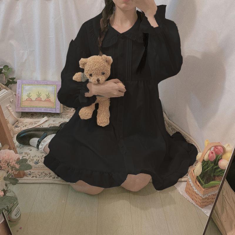 Šaty Kawaii Ženy Sladká Lolita Bílé Krátké Šaty Volány Límec Peter Pan Preppy Styl Jaro Podzim Župan s dlouhým rukávem