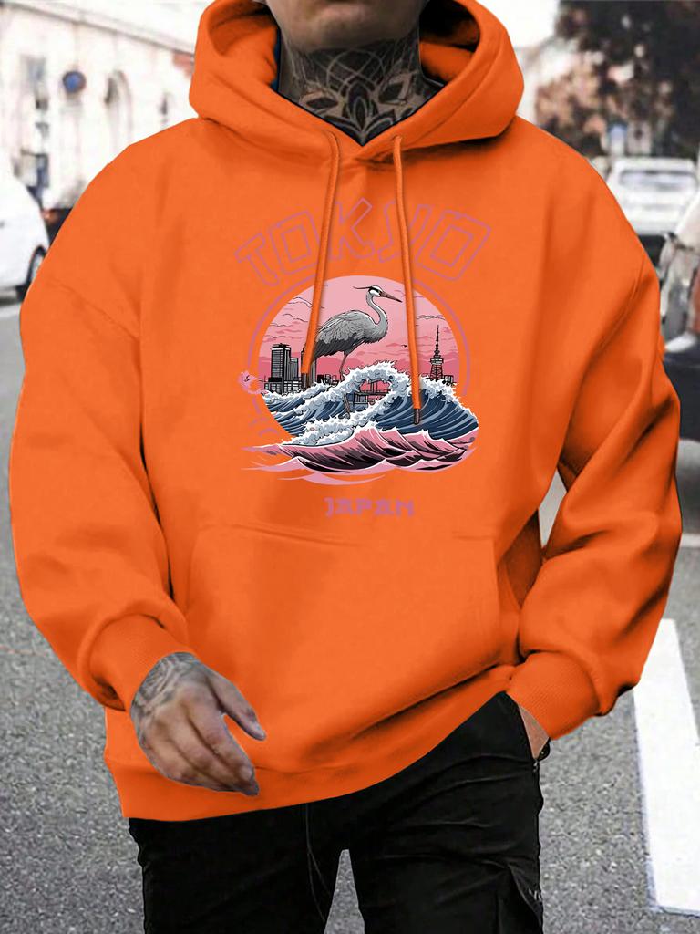 Tokio Japonia Harajuku Nadruk Żurawie Fale Męska Bluza z Kapturem Pasująca do Wszystkiego Polarowe Bluzy z Kapturem Kieszeń Męska Odzież Sportowa Swobodny Luźny Pulower