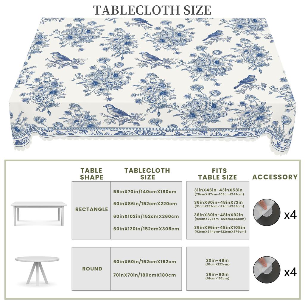 1 Piece Of Vintage Floral-Themed Tablecloth, Featuring A Blue And White Porcelain Style Print With Floral And Bird Patterns, Available In Various Size
