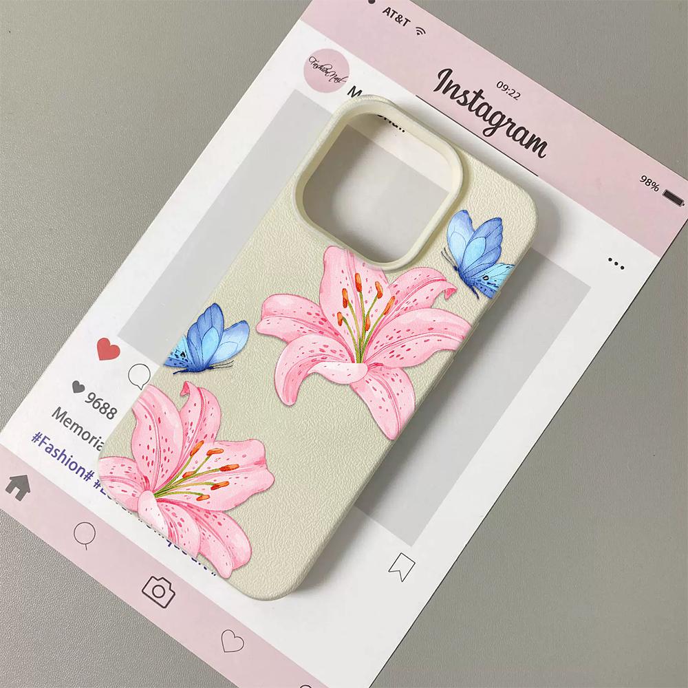 Pink Lily Floral Print Cream Matte Phone Case For iPhone 16 17 16e 15 14 13 12 11 Pro Max Shockproof Clear Hard Cover Coque