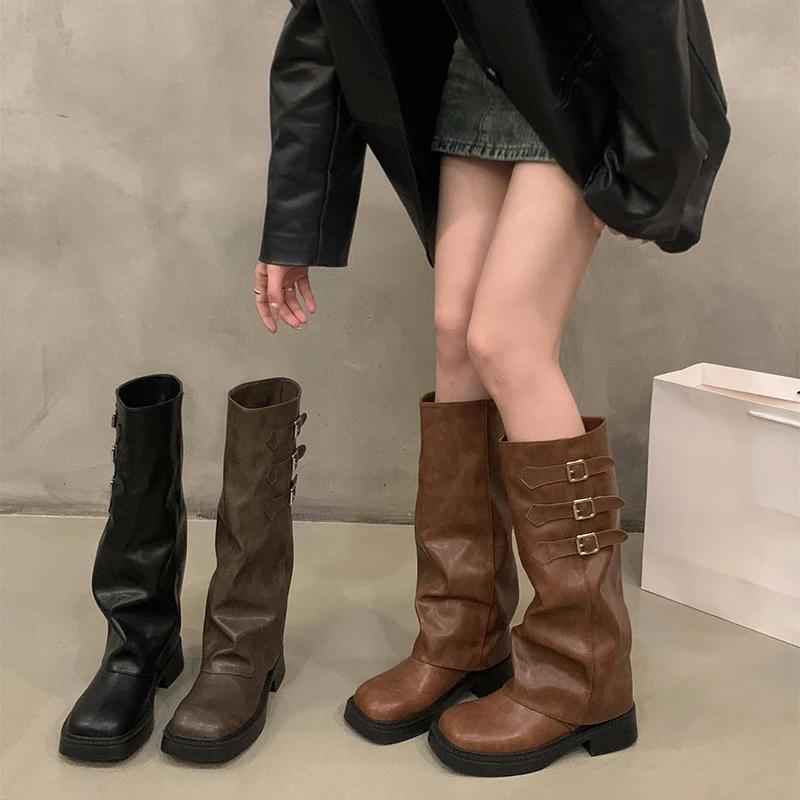 Retro Style Knee High Boots Women Fashion Ladies Slip On Knight Long Boots Autumn Winter Women's Footwear Heels Women Boots