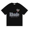 T-shirt a maniche corte trendy transfrontaliera 23SS del marchio RHUDE con micro-etichetta e stampa di lettere per uomo e donna, stile high street americano, vestibilità larga, per coppia