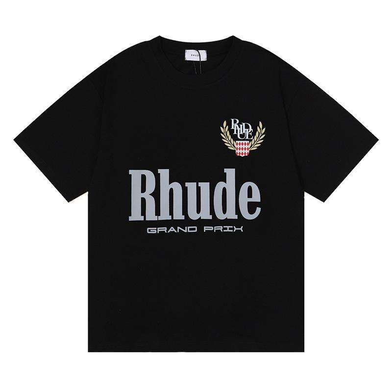 T-shirt a maniche corte trendy transfrontaliera 23SS del marchio RHUDE con micro-etichetta e stampa di lettere per uomo e donna, stile high street americano, vestibilità larga, per coppia