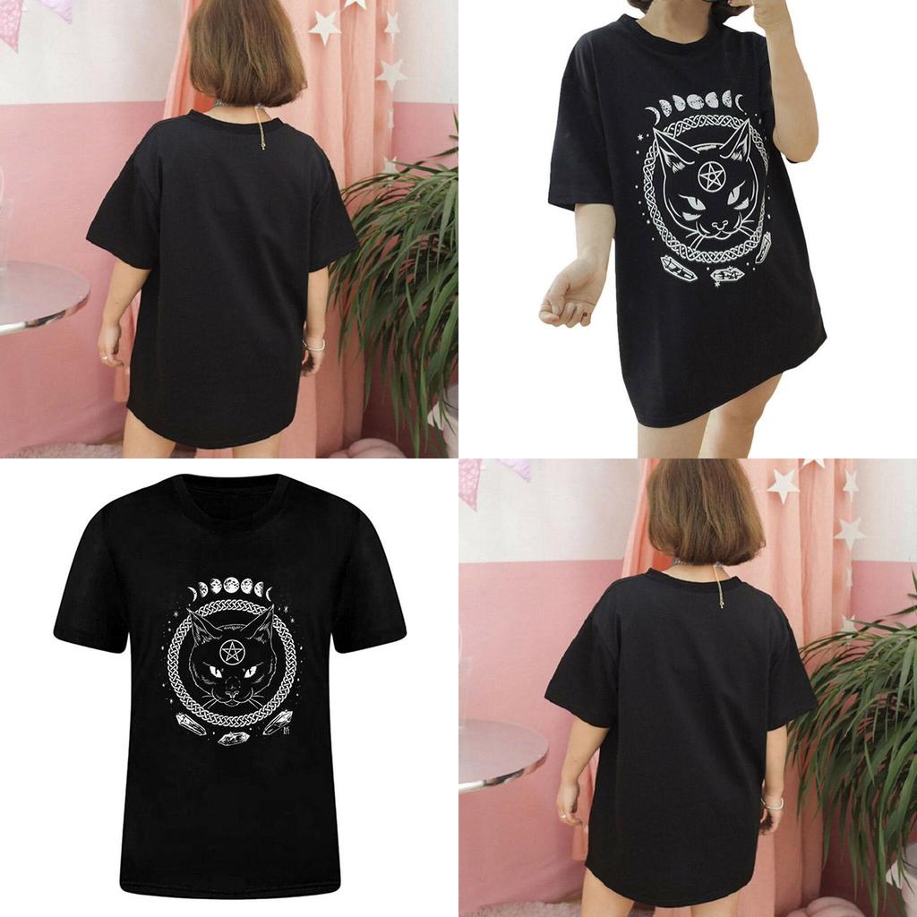Damen Mädchen Lustiges Kurzarm Mond Katze Print Punk Gothic Lässiges Oberteil Bluse