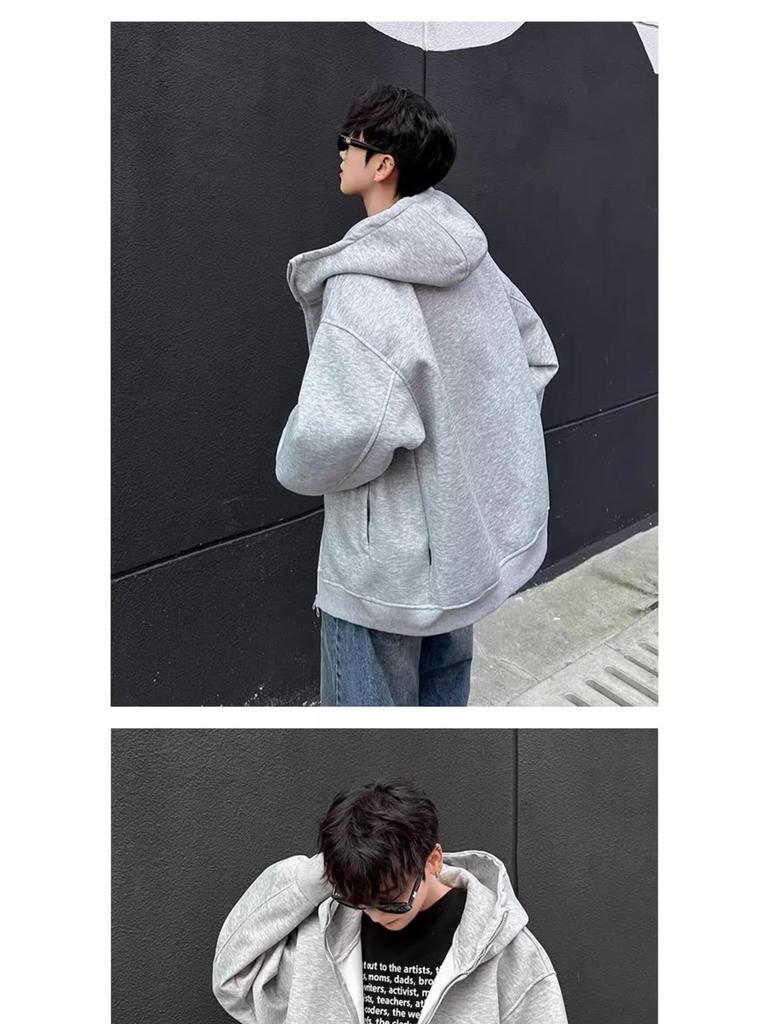 Autumn Men's Space Cotton Hooded Heavyweight Hoodie: Versatile Solid Color Jacket for Couples - Suitable for Spring and Autumn.