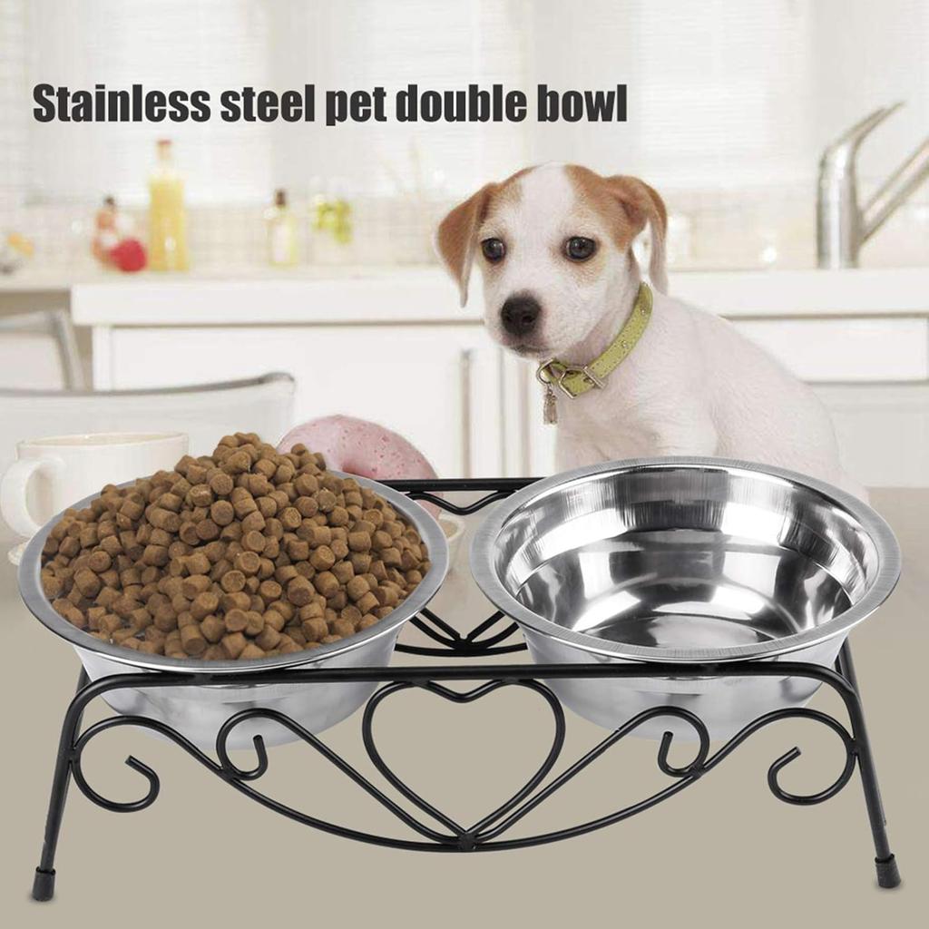 Pet Bowl, Stainless Steel Double Cat Dog Waterer Bowls Elevated Dog Feeder Pet Food Water Bowls with Retro Iron Stand Double Diner Feeder Bowls