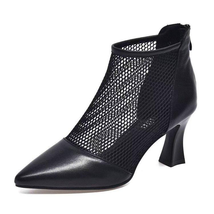Mesh hollowed out spring new pointed head bag head matte leather breathable thick heel medium heel mesh cool boots