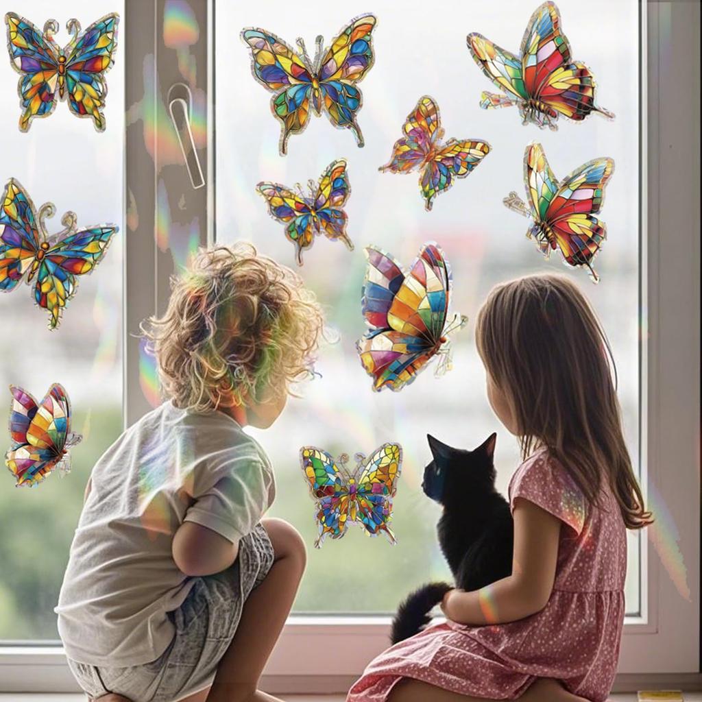 20pcs Window Decals for Bird Strikes, Anti Collision Window Clings, Rainbow Reflection Window Sticker, Butterfly Style Sun Catcher Stickers for Glass