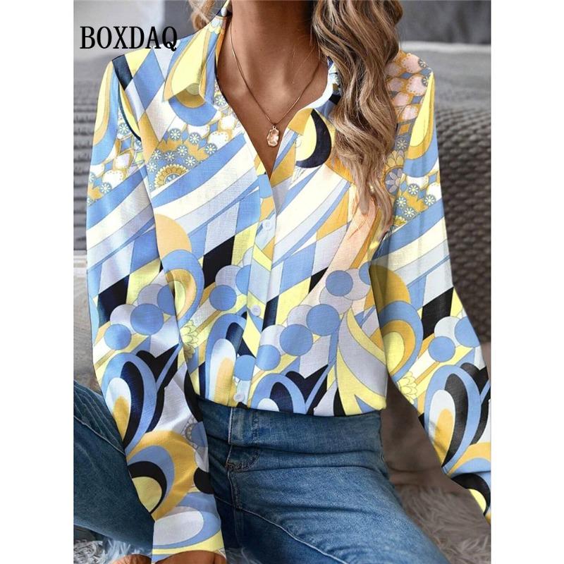 Autumn Fashion Blouse Women'S New Geometry Print Long Sleeve Lapel Shirts Casual Button Ladies Tops Elegant Female Clothes
