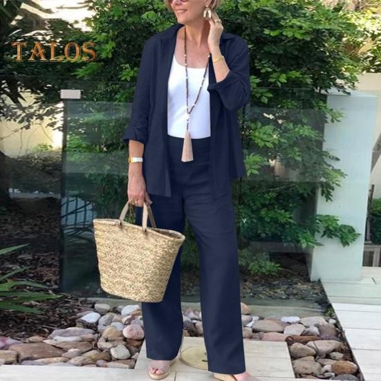 2-teiliges Damen-Outfit mit Revers, langen Ärmeln, Knopfverschluss, Hemd mit hoher Taille, geradem, weitem Bein und langen Hosen