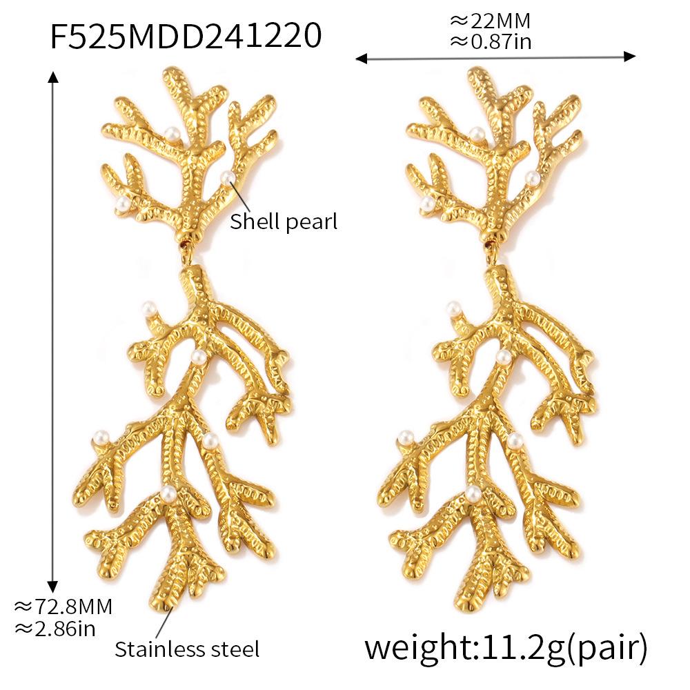 Qiong Yao 18K Gold-Plated Stainless Steel Pearl & Coral-Textured Fashionable Stud Earrings