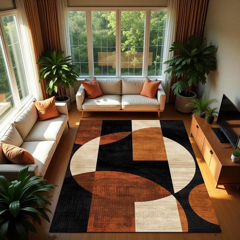 Abstract Circle Rug Burnt Orange Beige Black Carpet Modern Minimalist Washable Floor Mat for Home Decor