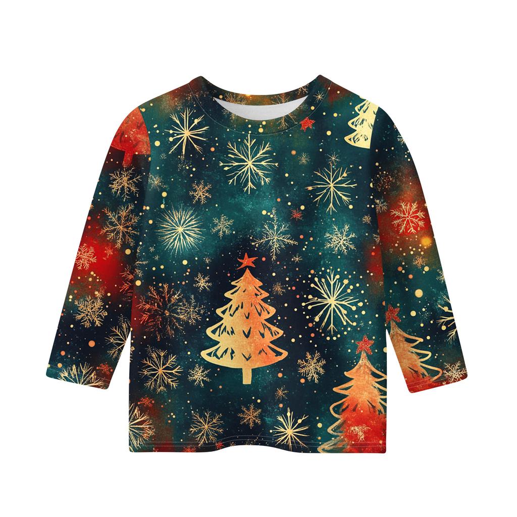 Christmas Day Print Tops For Youth Girls 5-16 Years Round Neck 3/4 Sleeves T-Shirts Trendy Tops Outfit Tees