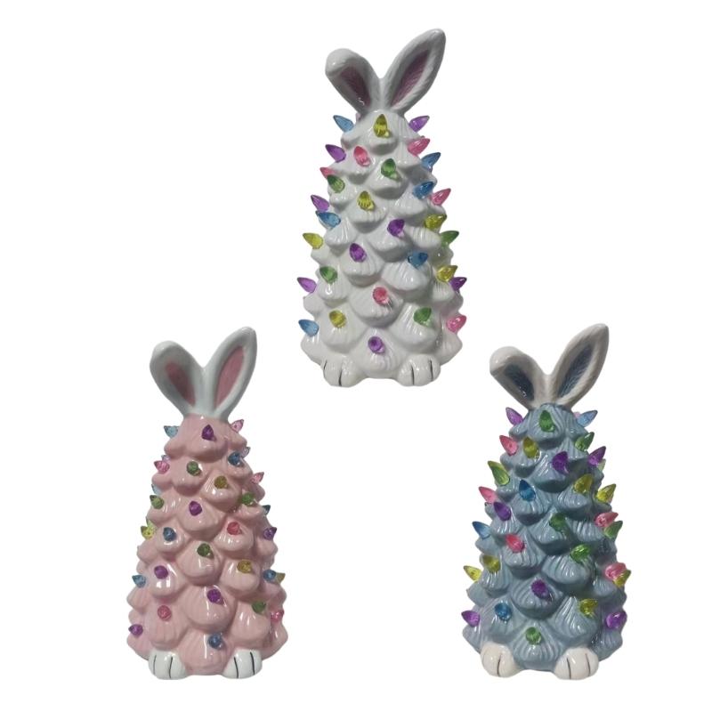 Easter Decoration White Pottery Rabbit Figurines Led Glowing Animal Ornament Rabbit Tree Crafts for Easter Party Decor