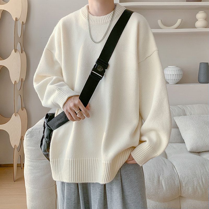 American-Style Lazy Round-Neck Sweater for Men, Winter Trendy Vintage Couple Knitwear, Retro Solid Color Pullover