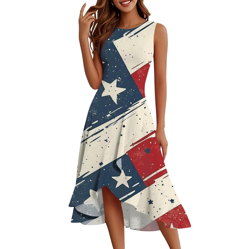 Women's Fashion Casual Zip Sleeveless Round Neck Independence Day Printed Elegant Temperament Ruffles Dress Dresses