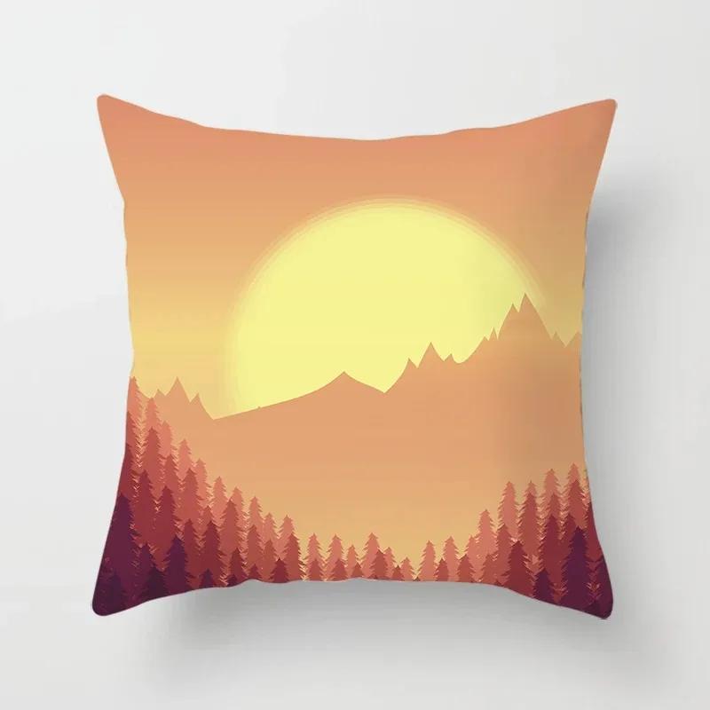 Luxury Home Decor Cushion Cover Cartoon Illustration Sunset Landscape Pattern Office Decor Pillow Cover
