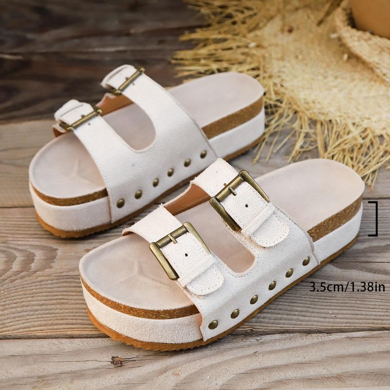 Sommer neuer Wind runder Kopf große Größe Nieten Damen Ein-Wort-Schnalle mit Muffin dickem Boden Damen Hausschuhe