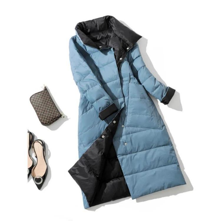 

Winter Warm Women 90 Duck Down Jacket Long Thick Double Sided Over Knee Coat Double Breasted Parka Snow Outerwear S