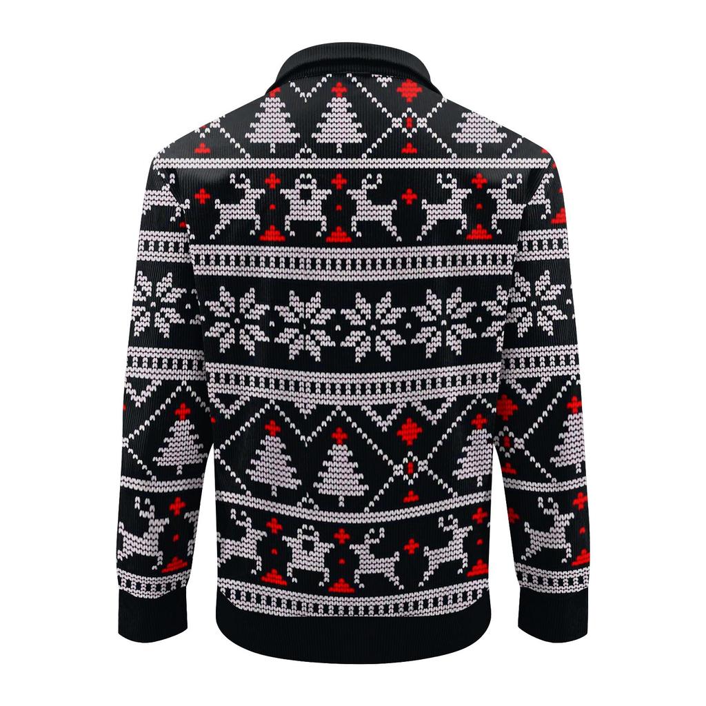 Men's Christmas Cotton Pullover Long Sleeve Outdoor Shirt Vintage Corduroy Button Stand Collar Shirt Casual Sweatshirt Christmas Print Top