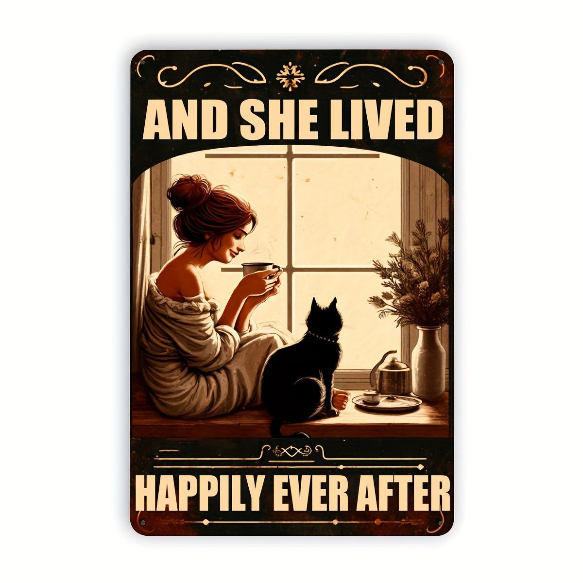 

Aluminium Metal Sign And She Lived Happily Ever After Girl with Cat Wall Decor Room Decor Home Decor Dining Room Decor 20x30cm（7.8x11.8inch）
