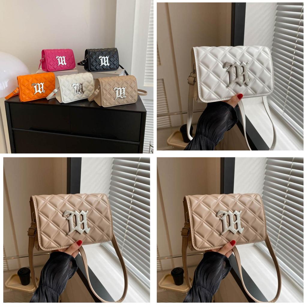 Pu Small Square Crossbody Bag With Silver Letter Decorated Checkered Texture For Daily Casual Women
