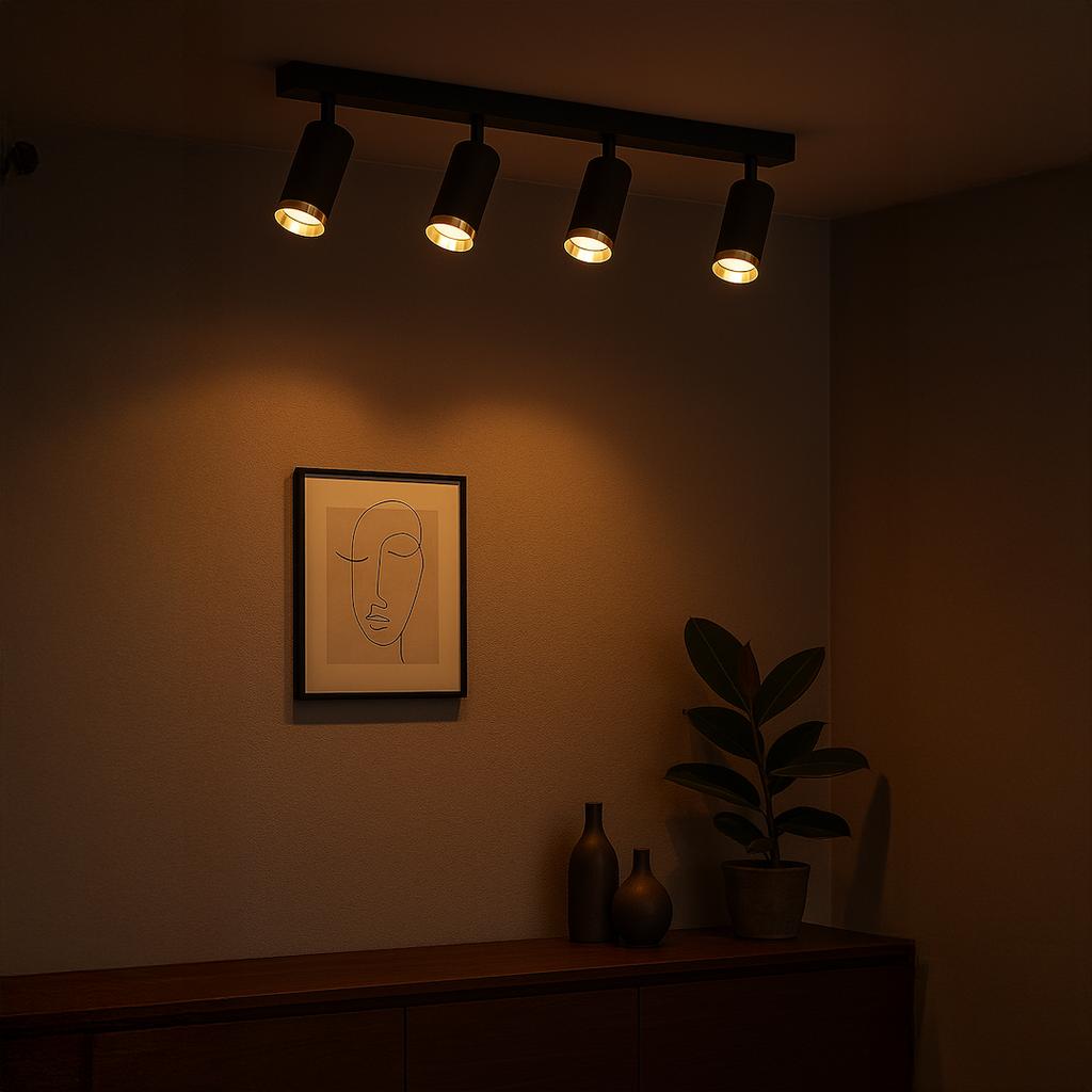 Lampa Sufitowa Nowoczesna Czarna Listwa Ruchome Reflektorki Złote Elementy 4Xgu10 10W Mica Milagro