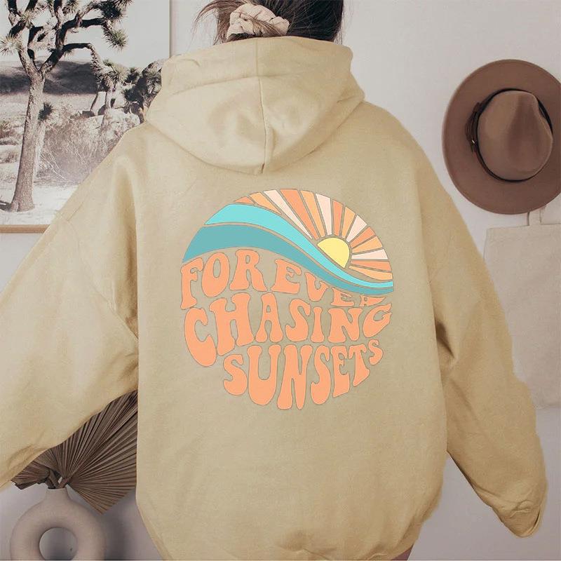 Forever Chasing the Sunset Print Kangaroo Pocket Drawstring Hooded Women's Fleece Sweater