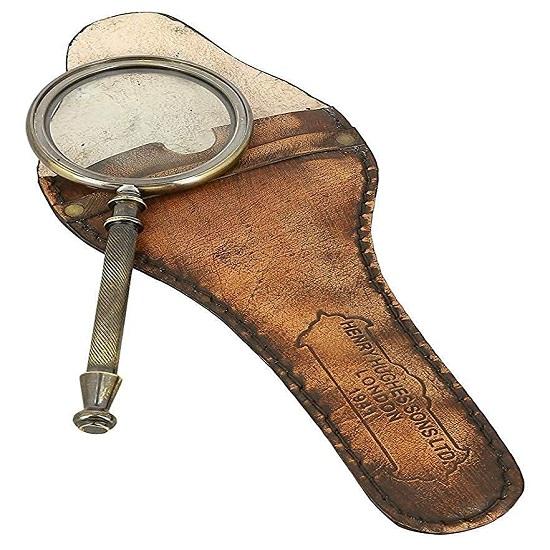 Antike Lupe aus massivem Messing mit Lederetui