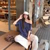 American Spice Girl Red Striped Slash Shoulder Short Sleeve T-Shirt Women's Summer Off-Shoulder Loose Lazy Wind Skinny Korean Top