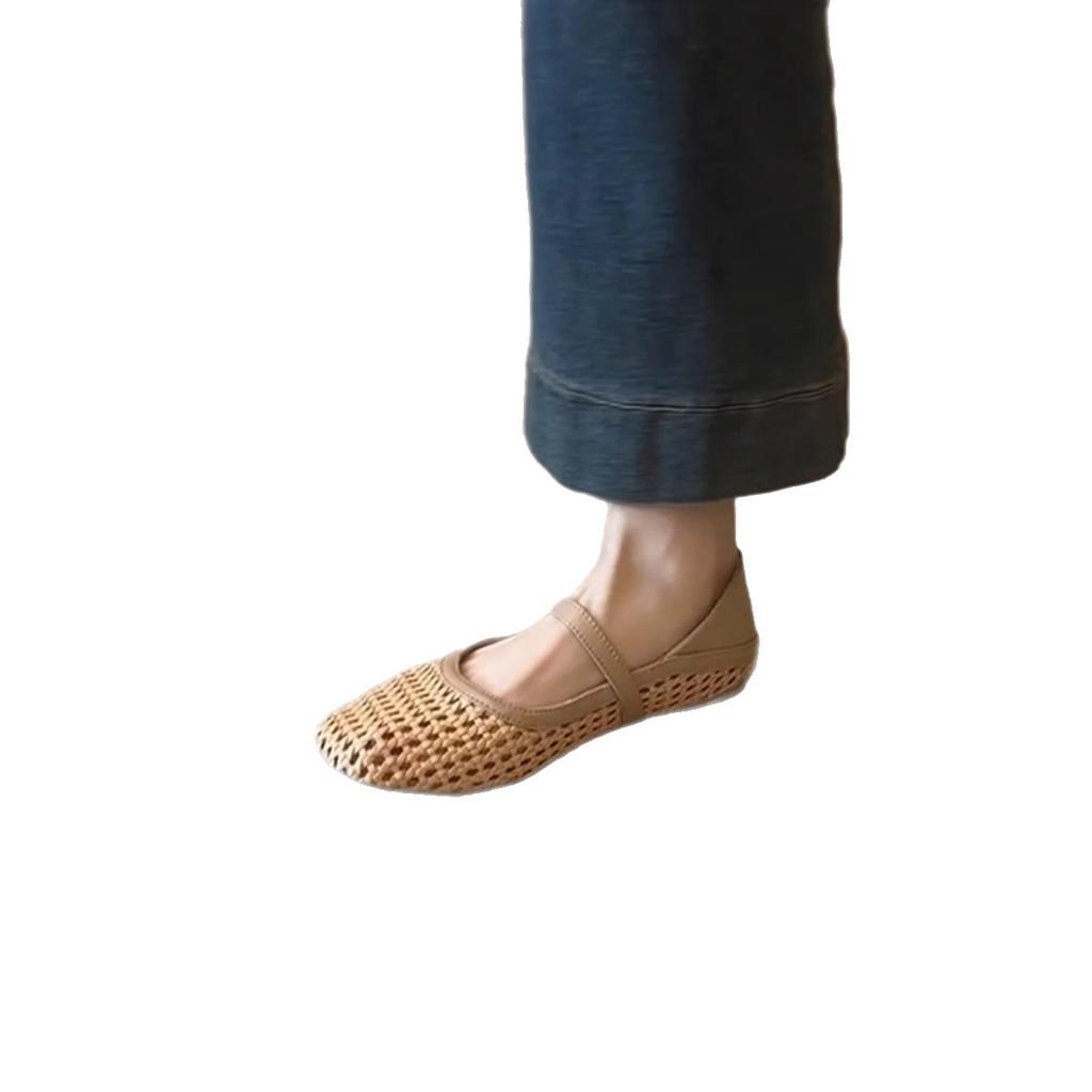 Sheepskin Version~ French Literary and Artistic Style Woven Hollowed-out Outer Wear Breathable Mary Jane Sandals Women's Word with Flat Shoes