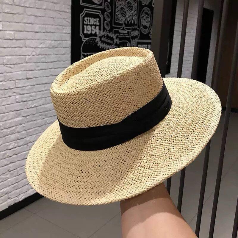 French retro old money wind flat top woven straw hat women's summer seaside vacation sun protection sun hat beach top hat
