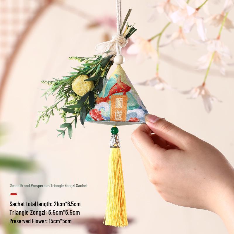 Dragon Boat Festival Sachet: Triangle Zongzi Mugwort Hanfu Pendant with Dried Flowers Portable Lucky Bag Gift.