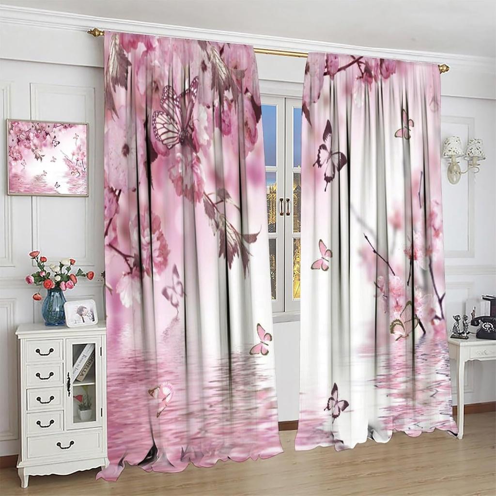 Pink Tropical Cherry Blossom Curtains Beautiful Summer Jungle Orchids Hibiscus Butterfly Window Drapes Darke Curtain With Rod Pocket Polyester