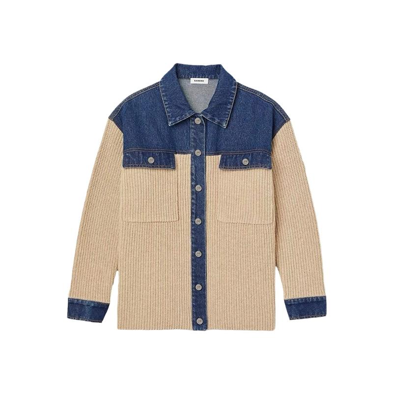 Autumn New Jacket Women Sweaters Coat Patchwork Wadded Coat Cardigan Knitting Pockets Fake Two-Piece Sweater