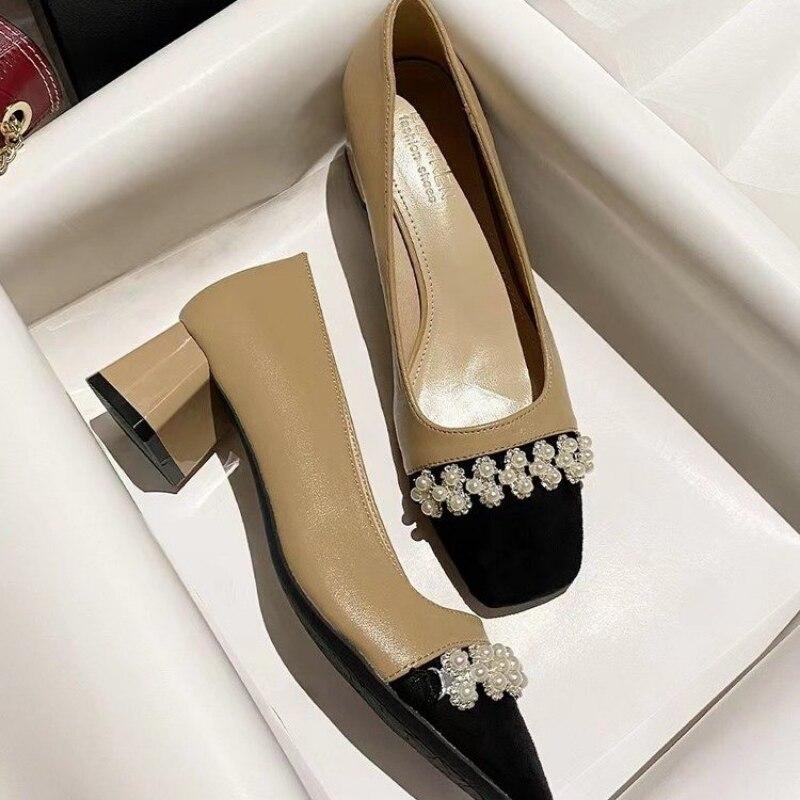 

Модные женские туфли-лодочки для отдыха, базовые летние туфли без шнуровки на среднем каблуке с квадратным носком, разноцветные блестящие туфли с цветами и бусинами