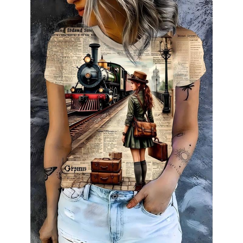 3D Printed Train Ballet T Shirt For Women Paint Brush Pattern T-Shirts Summer Fashion Round Neck Loose Tops Short Sleeve Tees