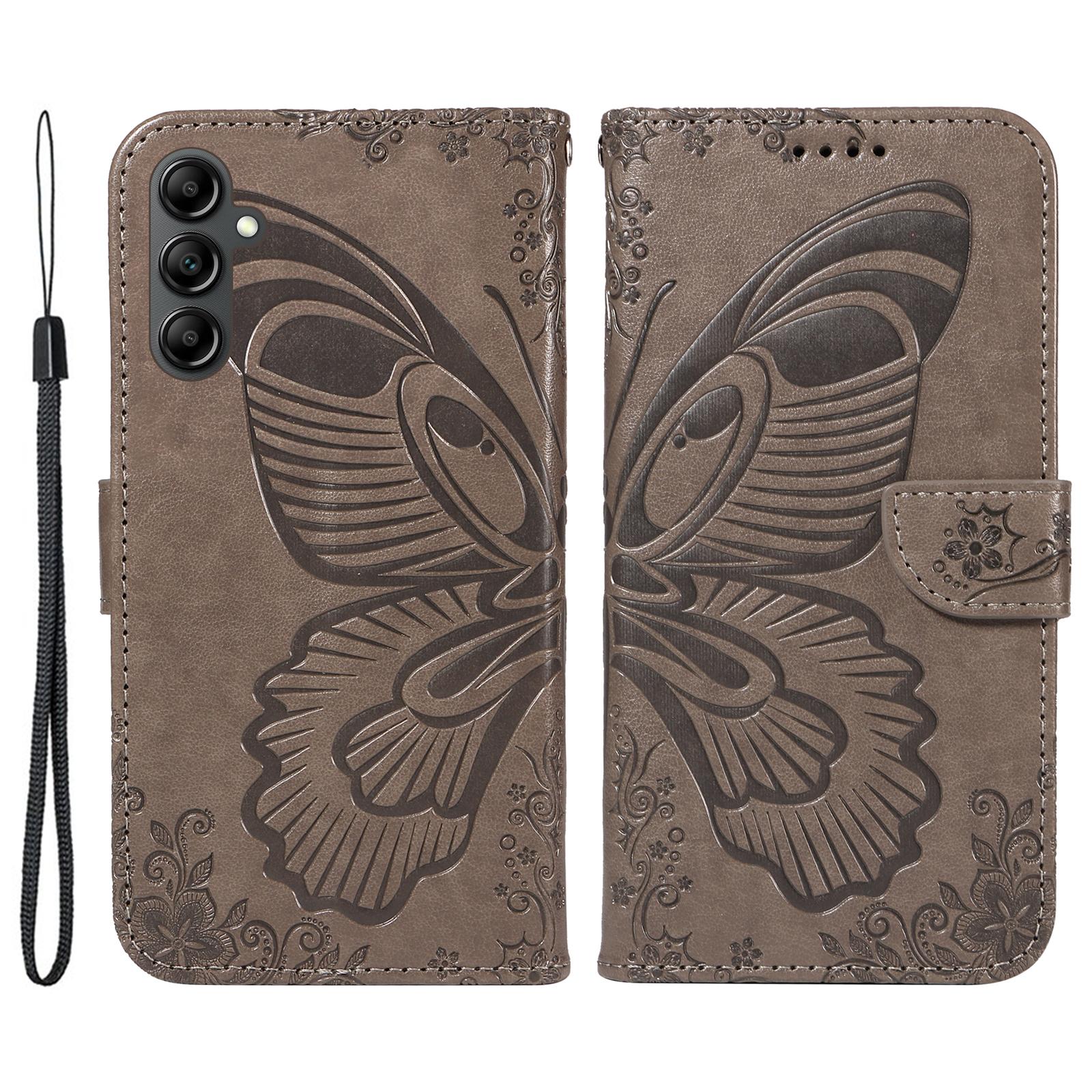 

For Samsung Galaxy A55 5G Case Butterfly Imprint Leather Wallet Phone Cover with Strap Grey