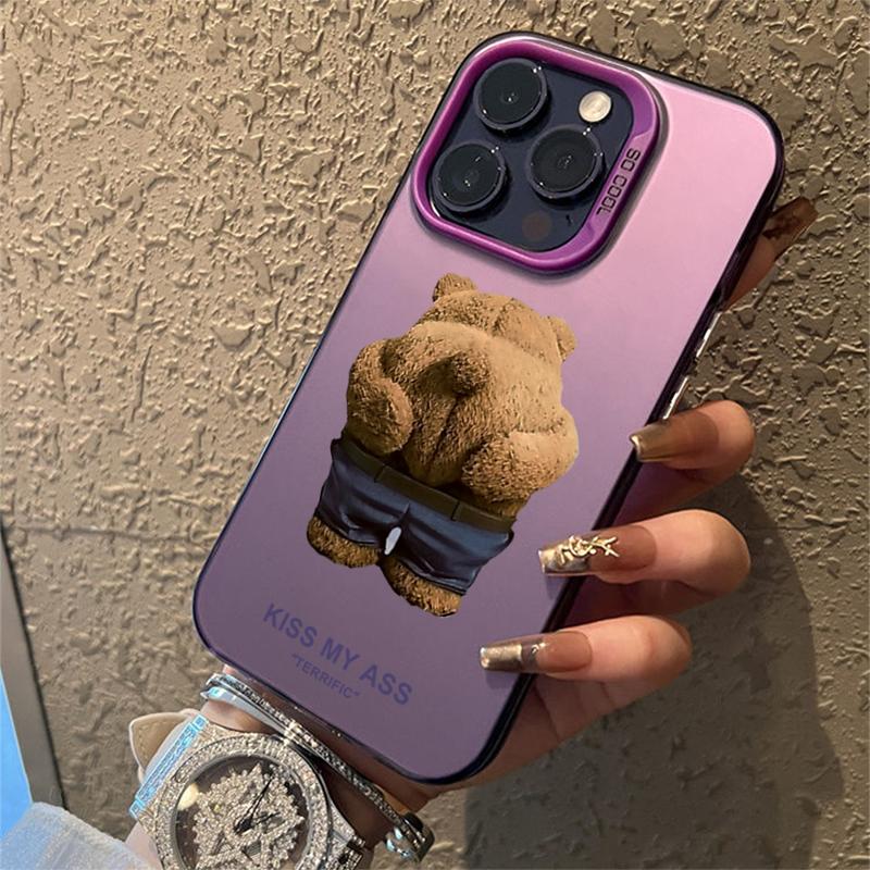 Cute Cartoon Brown Bear Electroplate Silver IMD Phone Case For iPhone 16 11 12 13 14 15 Pro Max 7 8 Plus 16E XS Shockproof Cover