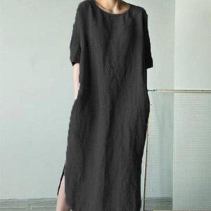 

Хлопково-льняное платье миди с круглым вырезом, короткими рукавами, однотонное, с боковыми разрезами и карманом 5XL чёрный