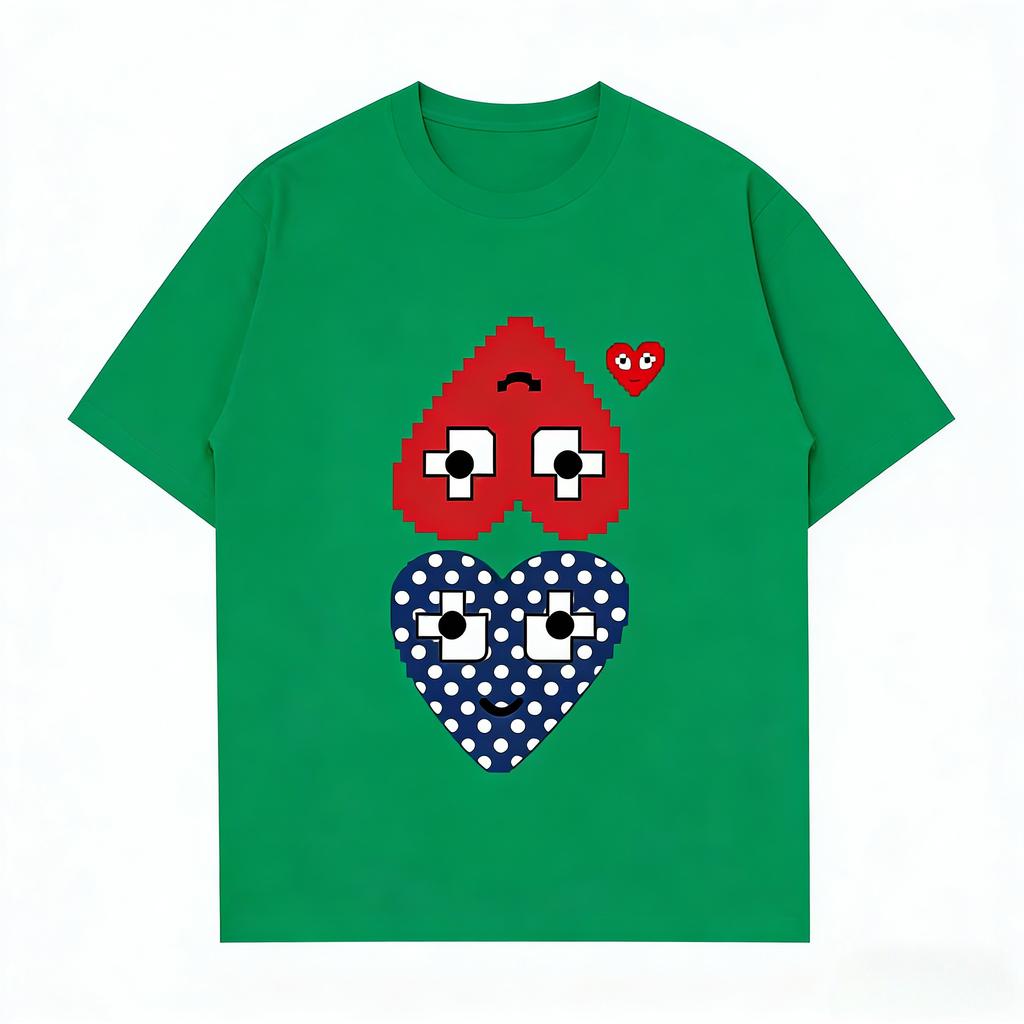 Summer New Play Trendy Brand Unisexs and Womens Casual Heart Printing Round Neck Couple Outfit Top Short Sleeves Tshirt