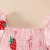 2025 Summer Newborn Ruffle Dress with Lantern Sleeves, Strawberry Butterfly Pattern, and Snap Closure.