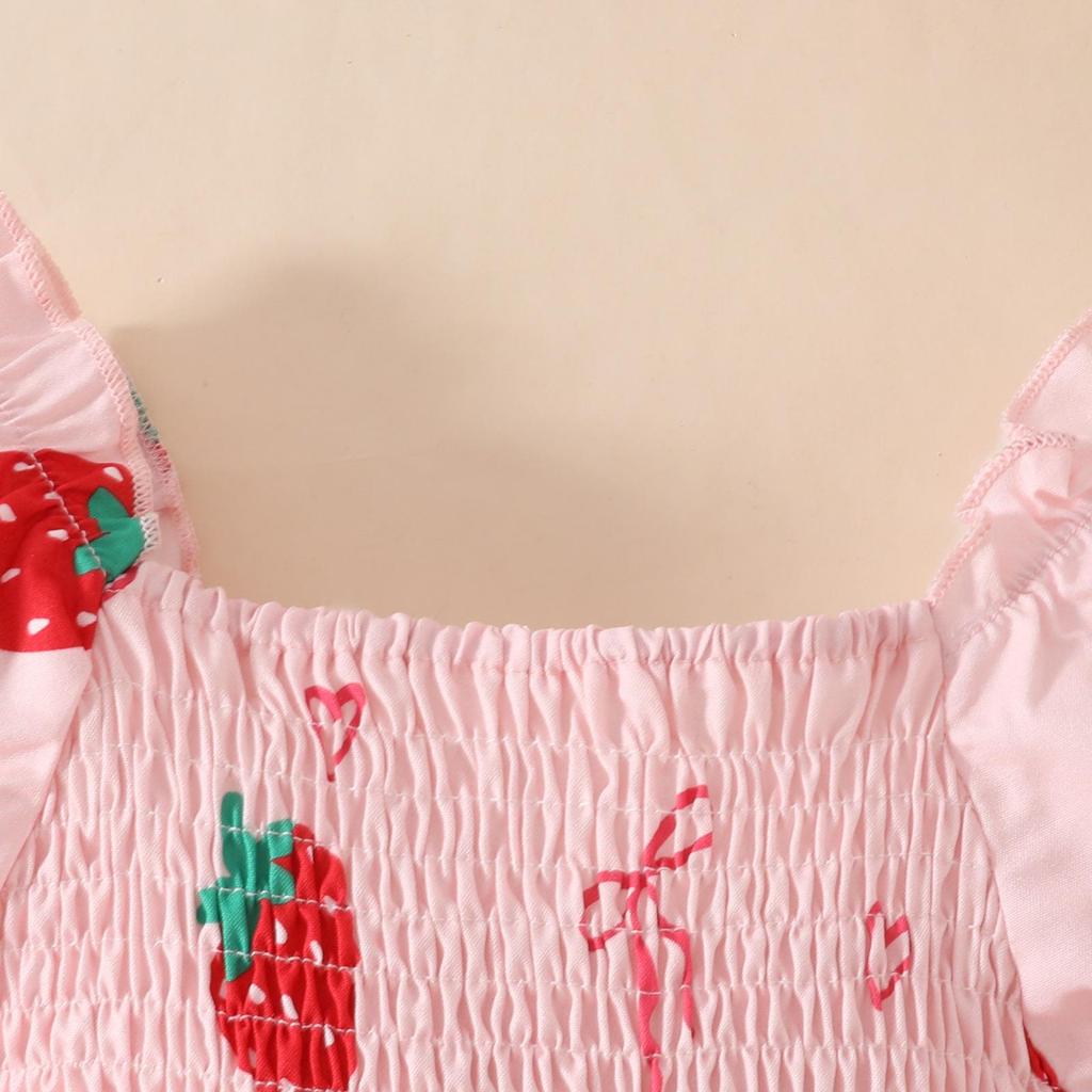 2025 Summer Newborn Ruffle Dress with Lantern Sleeves, Strawberry Butterfly Pattern, and Snap Closure.