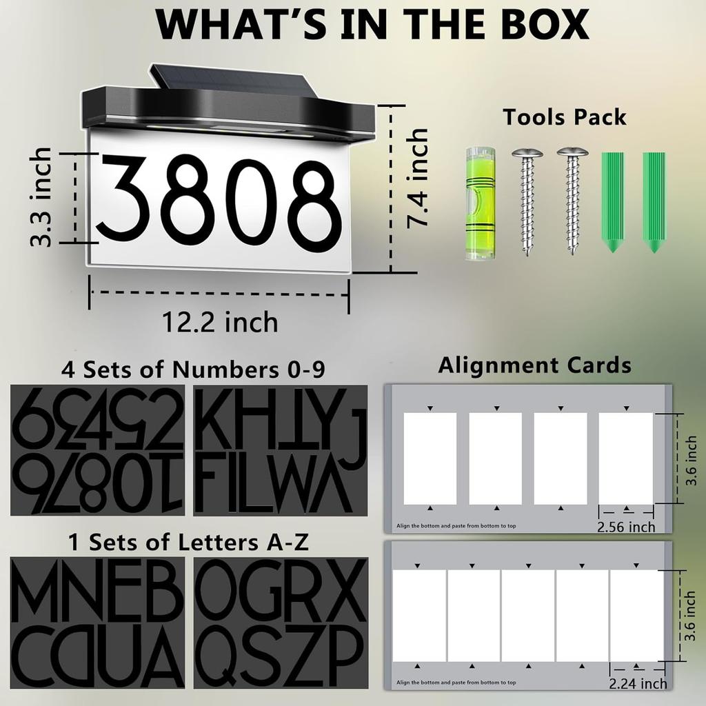 Solar Address Sign for House, Custom Modern House Numbers for Outside Light Up, Outdoor Waterproof Auto LED Lighted Home Address Numbers Plaque with