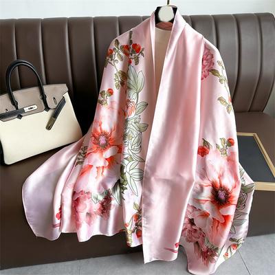 Long Large Size Silk Scarf Women's Scarf Autumn and Winter New Thin Shawl Decoration Sun Protection Peony Floral Temperament Silk Scarf