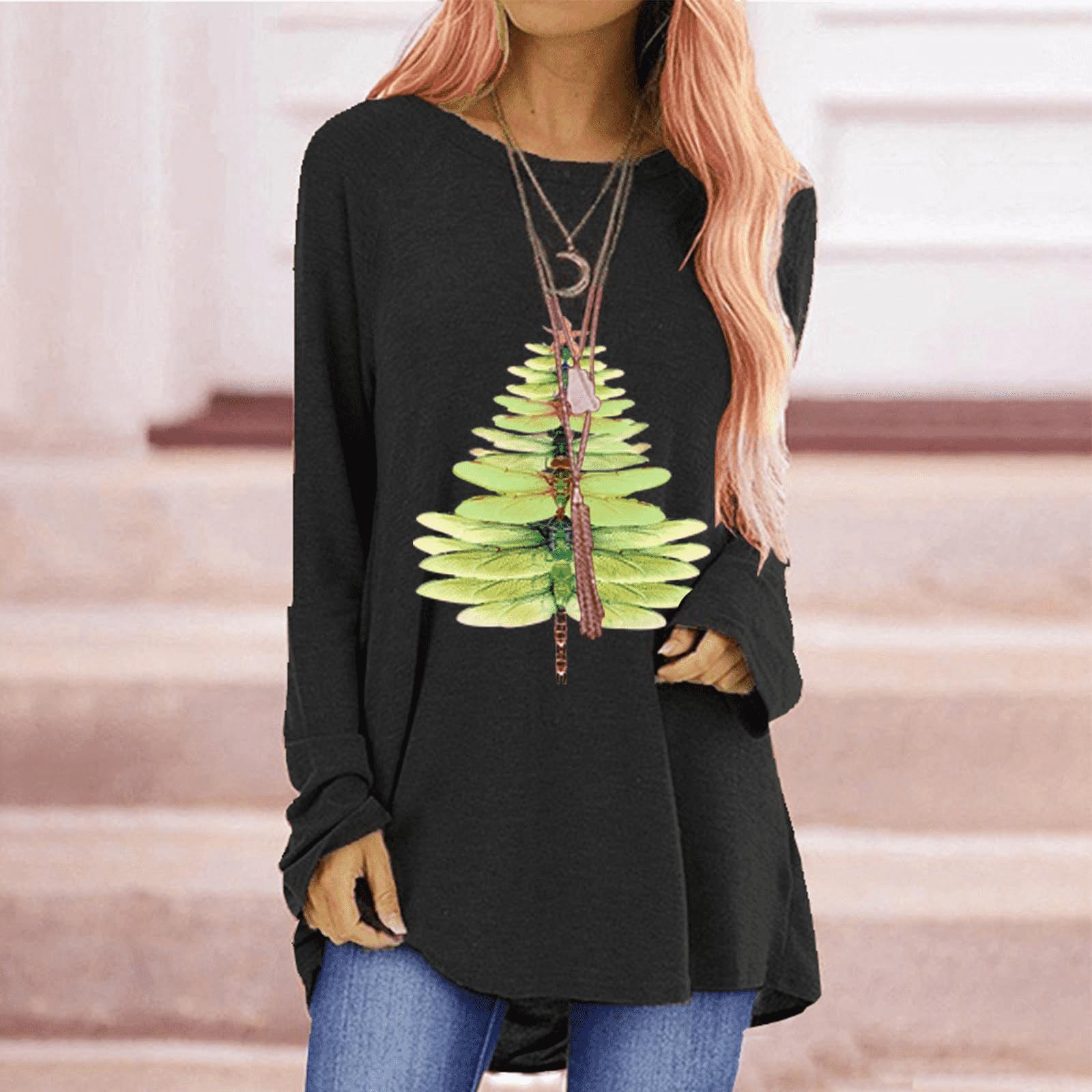 

Женская осенняя футболка с маленьким елочным принтом больших размеров, удобная футболка с длинными рукавами и круглым вырезом, повседневная мешковатая футболка средней длины, топ