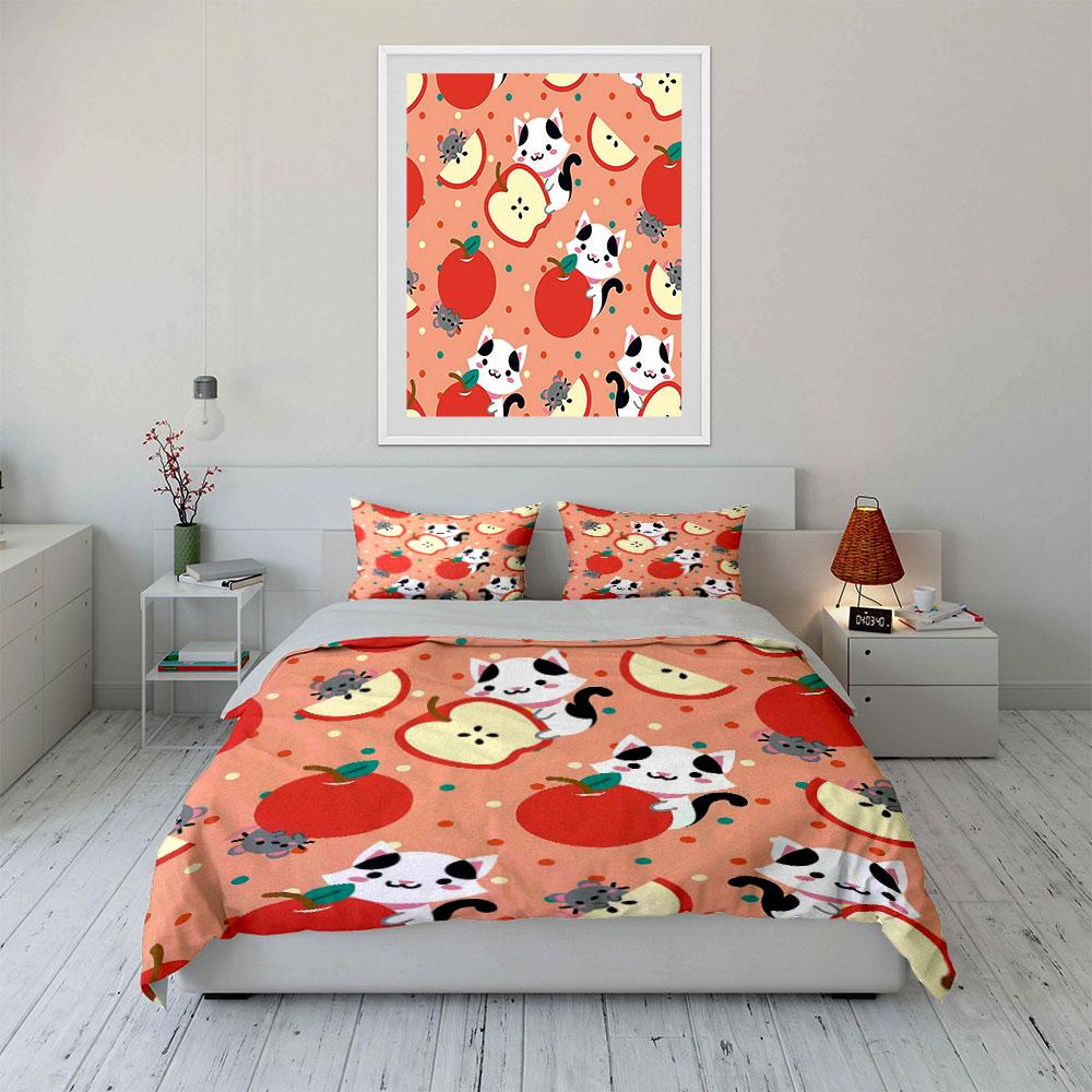 Cartoon Cats Apples Pattern Bedding Duvet Cover Set Duvet Cover Pillowcases (1*Duvet Cover 2*Pillowcases, Without Duvet Insert)