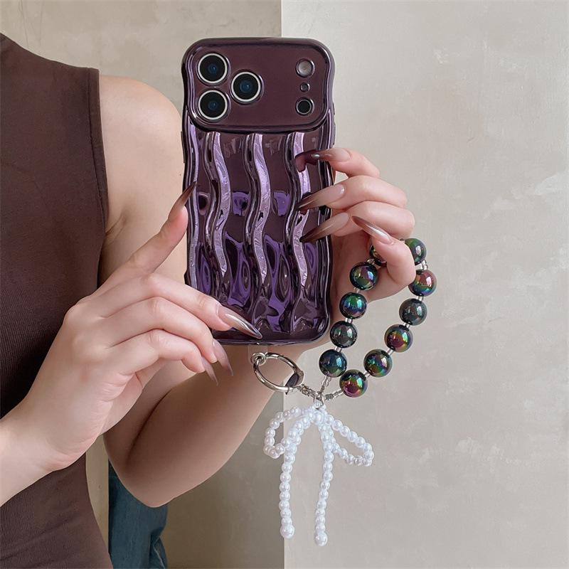 3D Wave Pattern Soft Shell Phone Case with Bracelet for iPhone 17 Pro Max/Apple 16 Solid Color