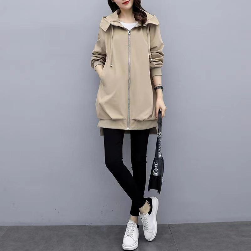 Dames Hooded Losse Trenchjassen Rits Lange Mouw Zakken Jassen Effen Kantoor Dame Splice Vrije Tijd Bovenkleding Lente
