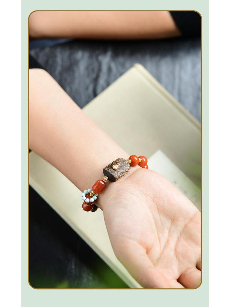 Novo Bracelete de Prata 925 com Ágata Vermelha e Turquesa Estilo Chinês